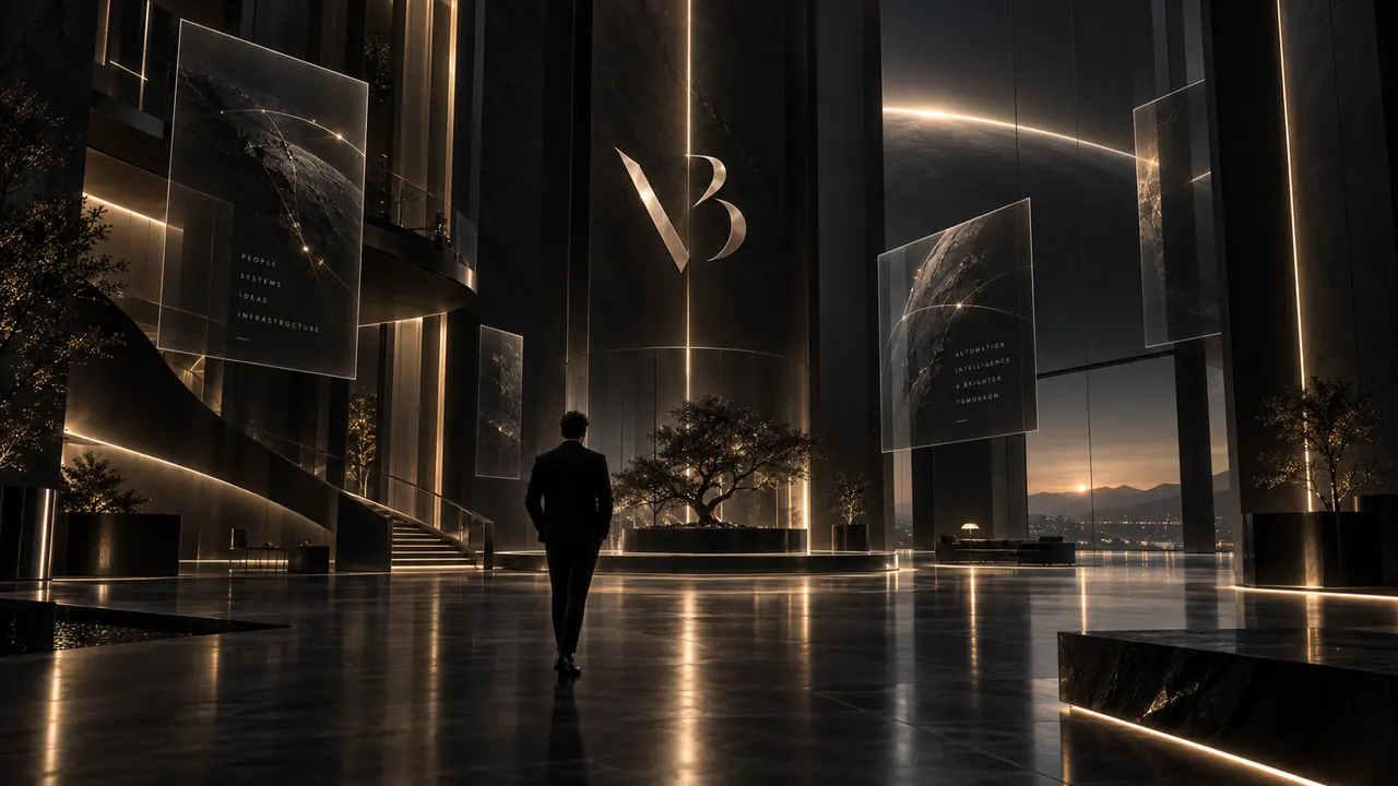 A monumental dark atrium in polished black stone. Suspended glass panels carry the words People, Systems, Ideas, Infrastructure. A man in a suit walks away from camera across the reflective floor, past a lit tree, toward a glazed wall with a distant sunset beyond.