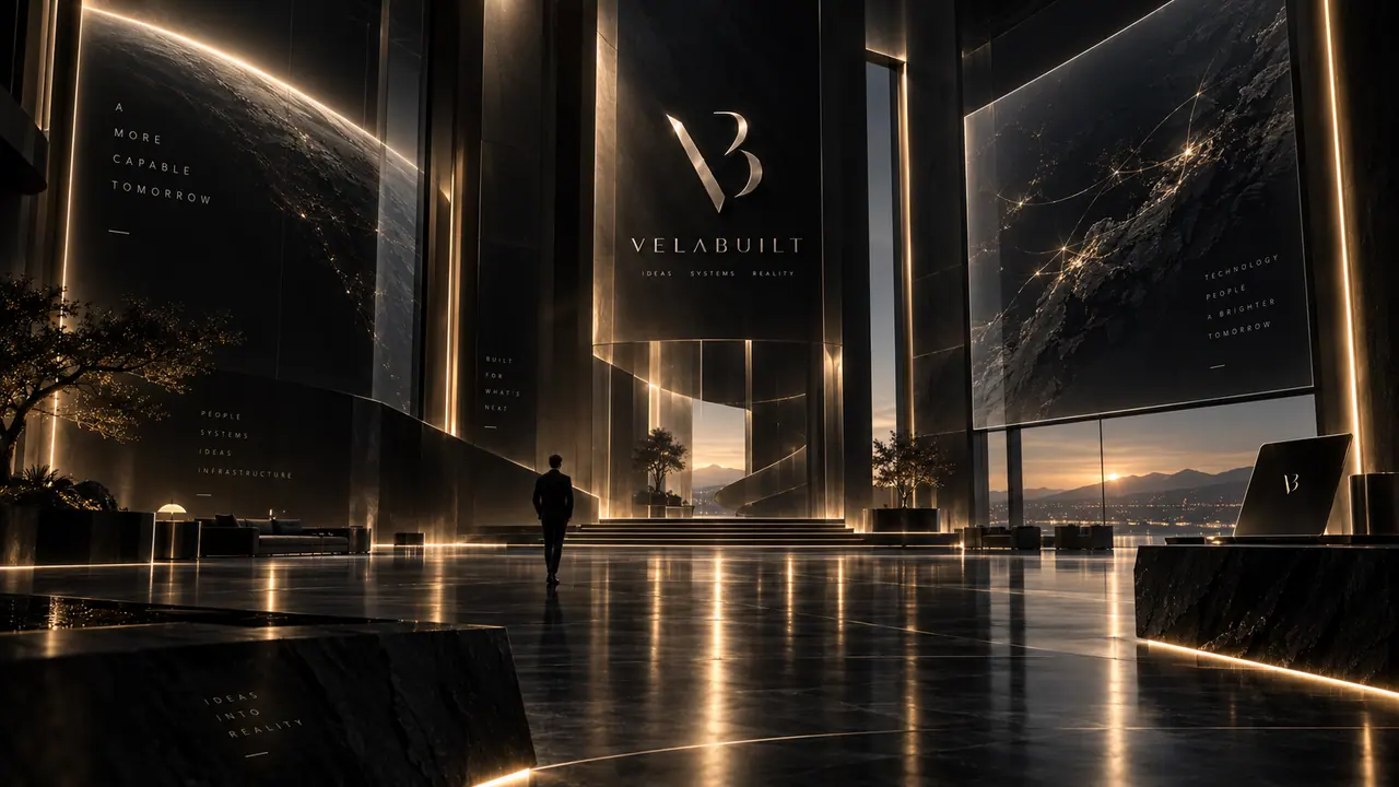 The same building, seen toward a lit opening at the top of low steps. A tall black column carries the VelaBuilt mark and the words Ideas, Systems, Reality, between screens reading A More Capable Tomorrow and A Brighter Tomorrow. A man in a suit walks away from camera toward a mountain sunset beyond the glass.